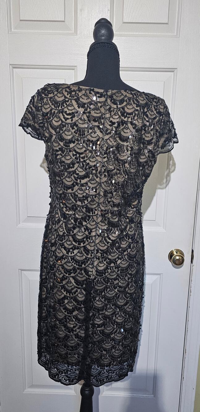 Jessica Howard Evenings Size 10 Black Nude Lace Sequin Cocktail Sheath Dress.